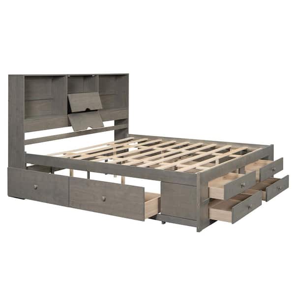 Gray Wood Frame King Size Platform Bed with Storage Headboard and 8-Drawers