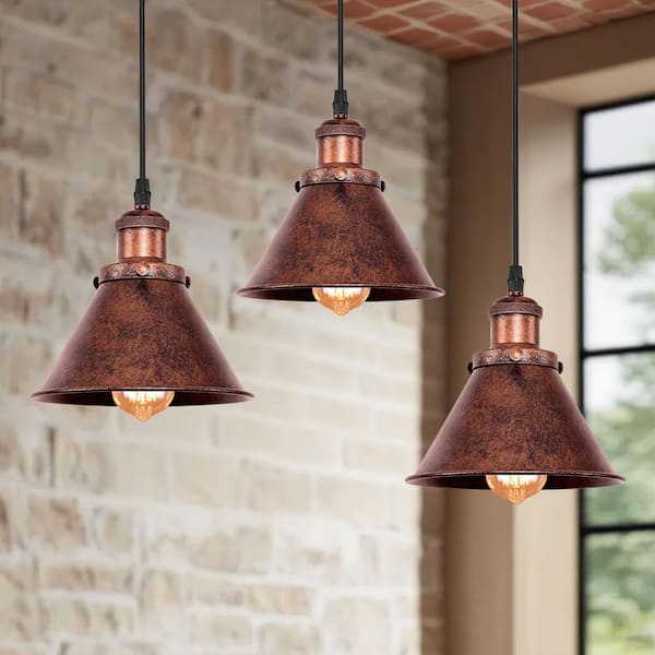 Rust Bloom 3-Pack 1-Light Copper Cone Pendant Light with Industrial Iron Shade for Kitchen Island or Bar
