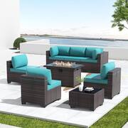 8-Piece Wicker Patio Conversation Set with 55000 BTU Gas Fire Pit Table and Glass Coffee Table and Blue Cushions