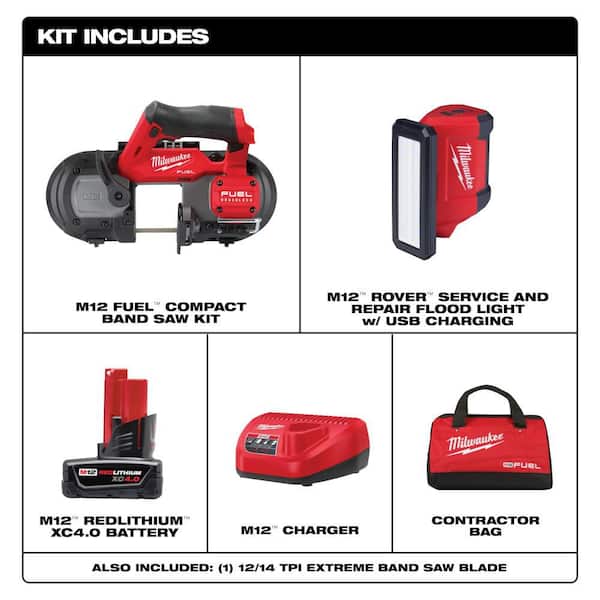 M12 FUEL 12V Lithium-Ion Cordless Compact Band Saw XC Kit with One 4.0 Ah Battery, Charger, Bag & M12 ROVER Light
