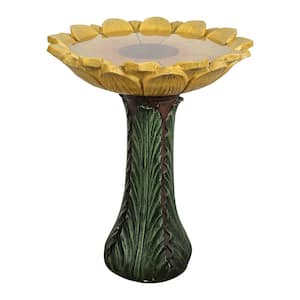 24.4 in. H Concrete Outdoor Birdbath - Sunflower Bowl with Green Leaf Pedestal for Garden, Patio, Lawn, Yard Decor