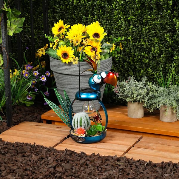 16 in. Blue Iron Solar Bird Garden Statue with Warm White LED Lights