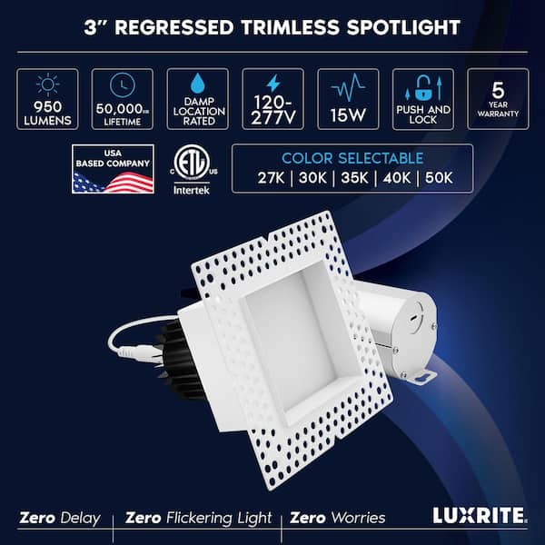 3 in. Integrated LED Regressed Square Trimless Spotlight, Push N’ Lock, 5CCT, 15W, 950LM, Dimmable, CRI90, 120-277V, ETL