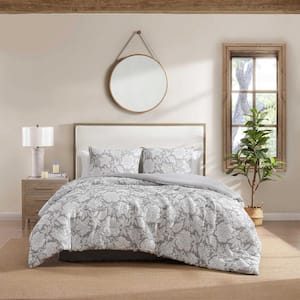 Redding Floral 3-Piece Grey Matelasse Jacquard Polyester Full/Queen Duvet Set