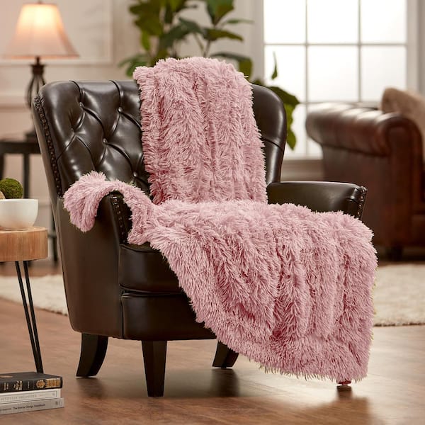 CHANASYA Solid Rose Dust Shaggy Faux Long Fur Polyester Throw Blanket - 50 in. x 65 in.