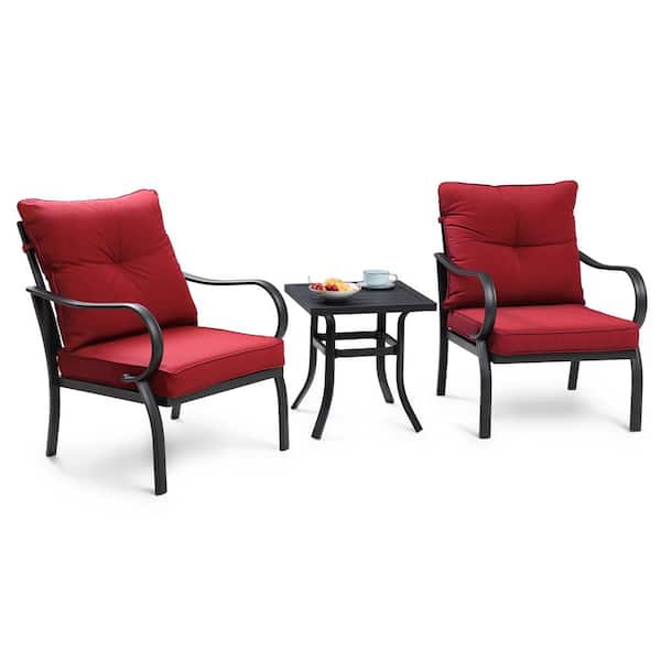 Unbranded UV Protected Black 3-piece Metal Outdoor Patio Conversation Set with Red Cushions