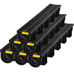 5.9in. L Trench Drain System, HDPE Drainage Trench, Black Plastic Garage Floor Drain,3in. Max. Compatible Pipe Size