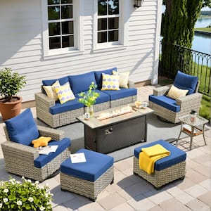 Kelleys 9-Piece Wicker Outdoor Patio Fire Pit Conversation Sofa Furniture Set with Swivel Chairs and Navy Blue Cushions