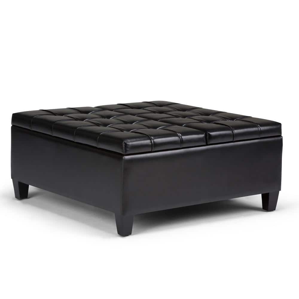 Midnight Black Tufted Faux Leather 36" Square Storage Ottoman