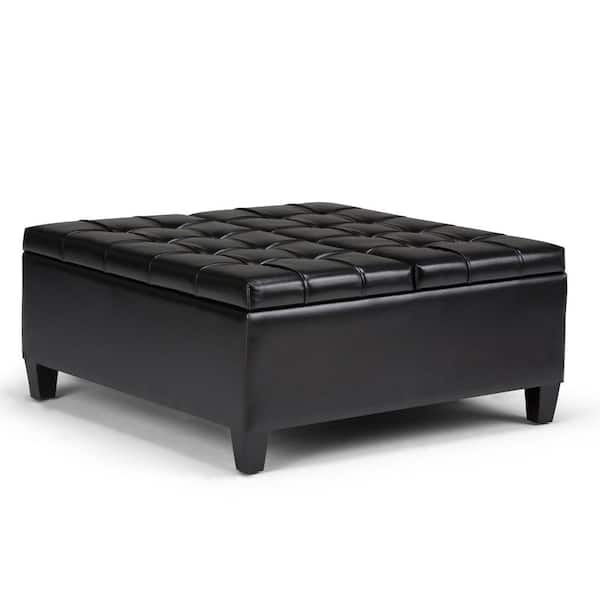 Simpli Home Harrison 36 in. Wide Transitional Square Coffee Table Storage Ottoman in Midnight Black Vegan Faux Leather, Assembled