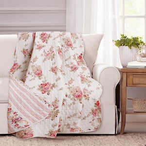 Romantic Cottage Peachy Pink Peony Shabby Chic Chintz Floral Stripe Cotton Throw Blanket