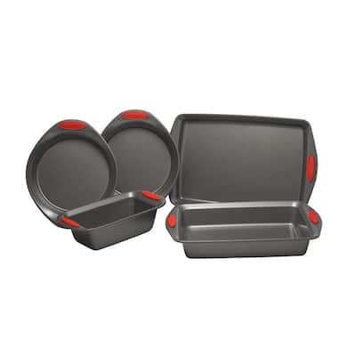 5-Piece Set Yum-o! Nonstick Oven Lovin' Bakeware Set, Gray with Red Handles