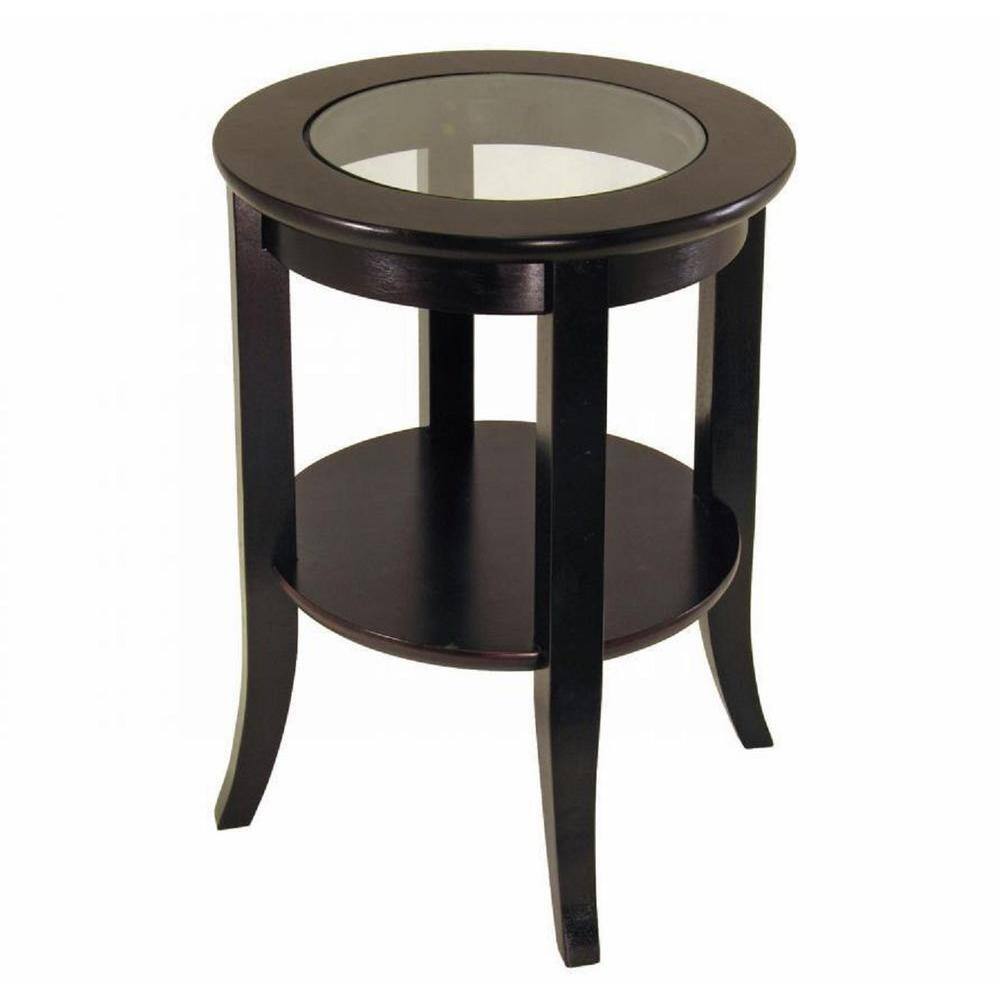 Espresso Round Wood and Glass Side Table with Shelf
