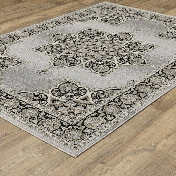 Channing Gray/Black 2 ft. x 8 ft. Floral Oriental Medallion Polyester Fringe Edge Indoor Runner Area Rug