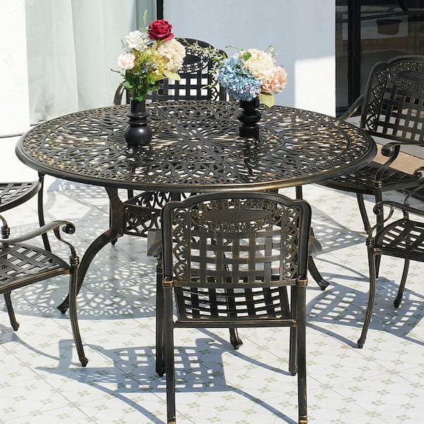 Antique Bronze 59 in. Round Cast Aluminum Patio Dining Table with 2 in. Umbrella Hole