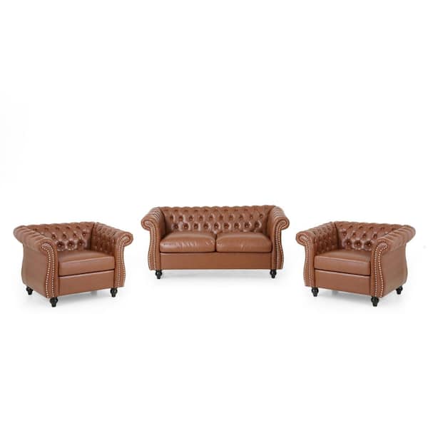 Noble House Silverdale 3-Piece Cognac Brown Living Room Sets