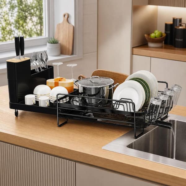 21.65 in. to 30.31 in. W Adjustable Large Dish Drying Rack with Drainboard, Extendable Dish Rack with Utensil Holder