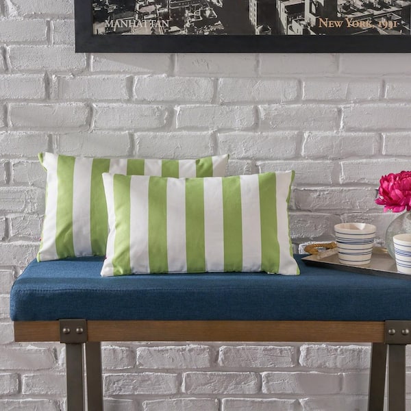 Noble House Megumi Green and White Striped Polyester 18.5 in. x 11.5 in. Throw Pillow (Set of 2)
