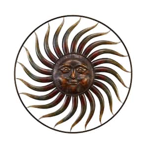 37 in. x  37 in. Metal Copper Indoor Outdoor Weathered Sun Wall Decor with Green Accents