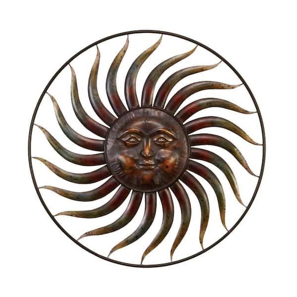 Litton Lane 37 in. x  37 in. Metal Copper Indoor Outdoor Weathered Sun Wall Decor with Green Accents