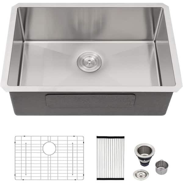 30 in. Undermount Sink Single Bowl Brushed 16-Gauge Stainless Steel Kitchen Sink with Accessorie