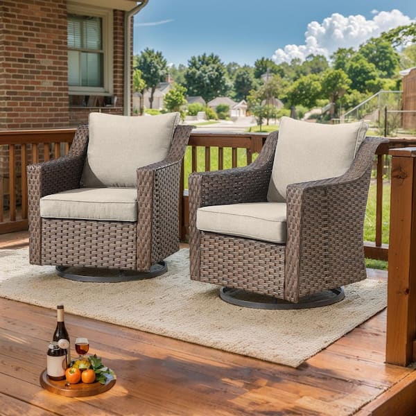 Gymojoy Frazee Brown Wicker Patio 2-Piece Swivel Chairs Outdoor Rocking Chair with Thick Deep CushionGuard Beige Cushion