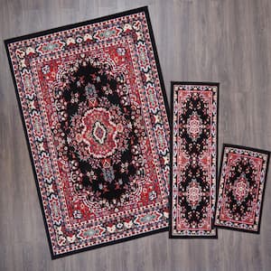 Ariana Black/Red 5 ft. x 7 ft. 3-Piece Medallion Area Rug Set