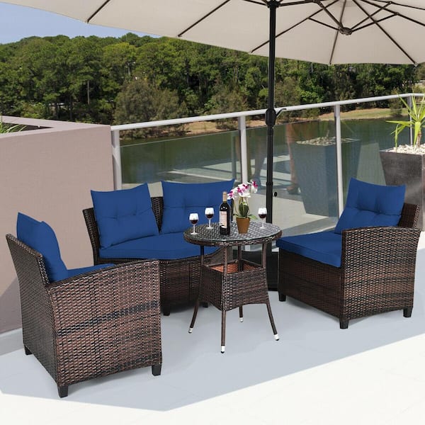 ANGELES HOME 4-Piece Wicker Patio Conversation Set with Navy Cushions and Glass Tabletop