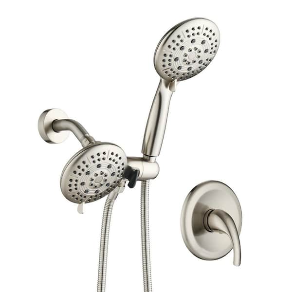 6-Spray 5 in. Dual Wall Mount Shower Head and Handheld Shower Head 1.8 GPM in Brushed Nickel (Valve Included)