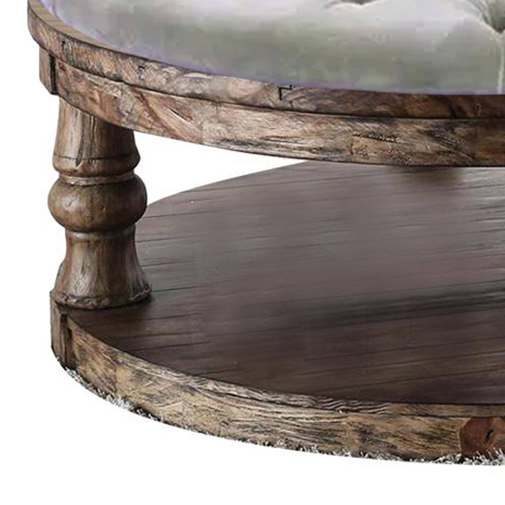 Pastoral Charm Round Oak Coffee Table with Button-Tufted Beige Linen Top