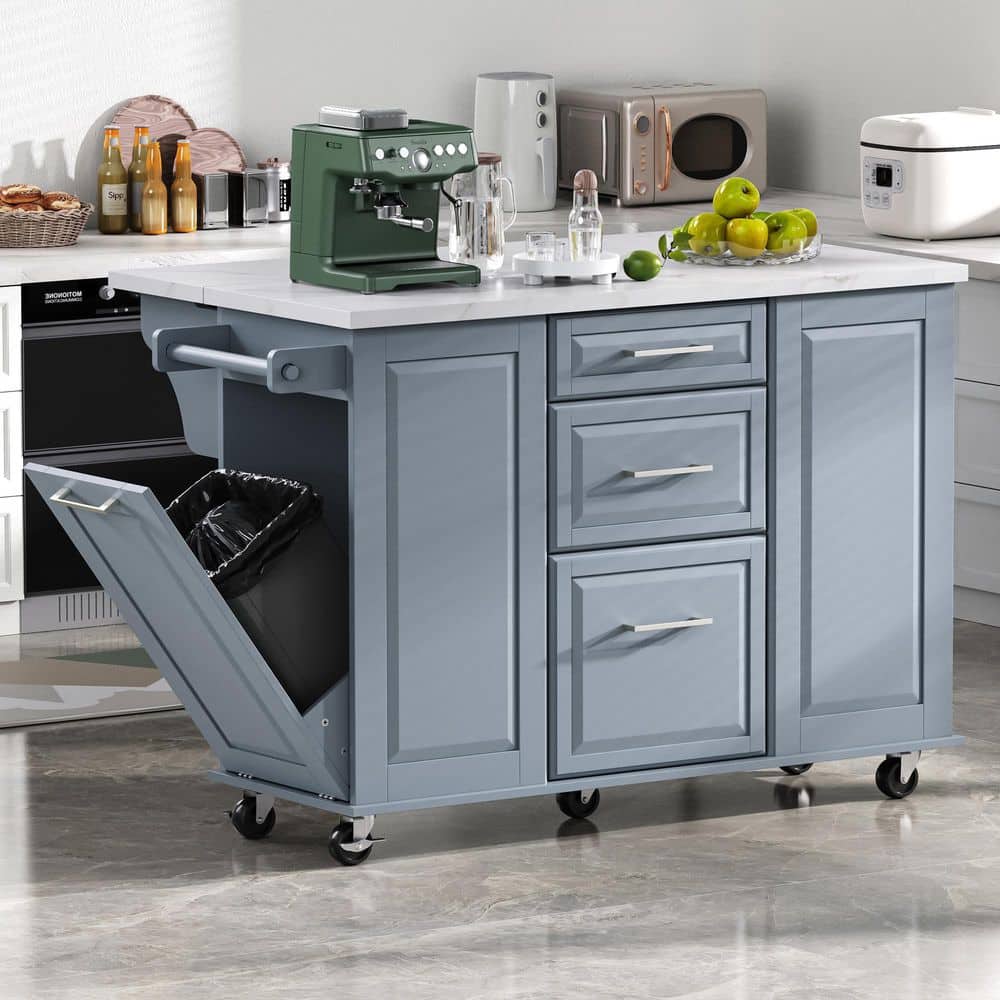 Gray/Blue Wood 53.54 in. Kitchen Island with Storage Tilt Trash Can, Drop Leaf, 2 Drawers, 1 Door price history on PriceWatchPro