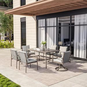 SleekLine 7-Piece Aluminum Rectangular Outdoor Dining Set with Swivel Chairs and Light Gray Cushions