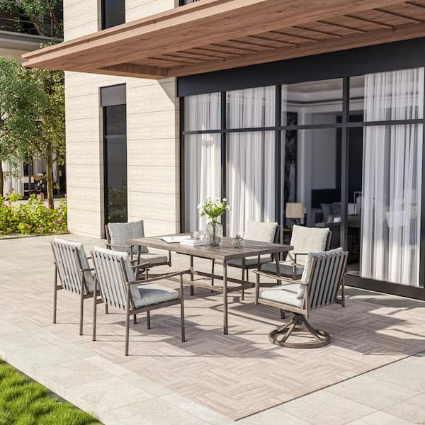 EGEIROSLIFE SleekLine 7-Piece Aluminum Rectangular Outdoor Dining Set with Swivel Chairs and Light Gray Cushions