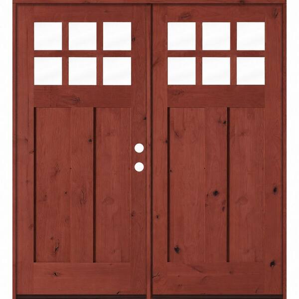 64 in. x 80 in. Knotty Alder Left-Hand/Inswing Double 6-Lite Clear Glass Amaretto Stain Wood Prehung Front Door