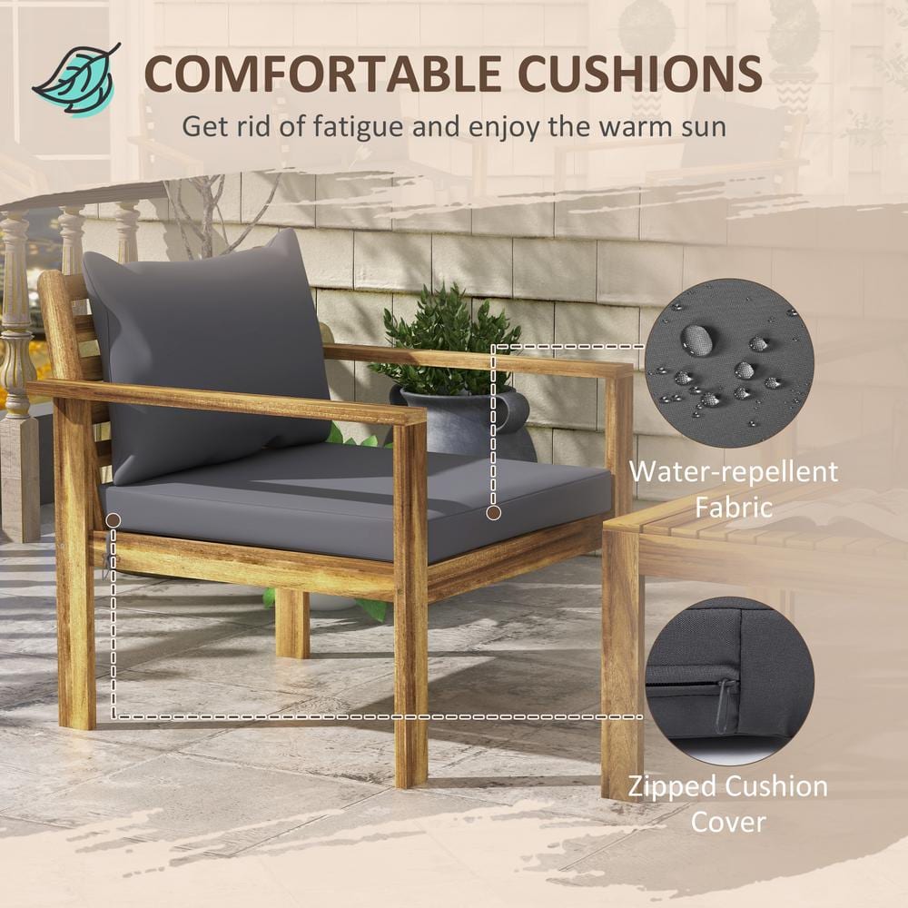 Acacia Wood 4-Piece Outdoor Patio Set with Gray Cushions