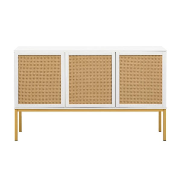 Unbranded 53.90 in. W x 15.00 in. D x 33.30 in. H White Linen Cabinet Sideboard with 3-Artificial Rattan Door and Rebound Device