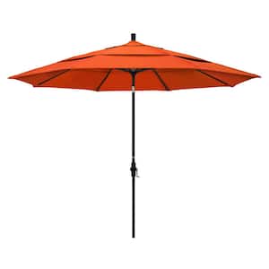 11 ft. Stone Black Aluminum Market Crank Lift Patio Umbrella in Melon Sunbrella