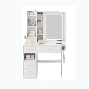 White 4 drawer 29.2 in. Wide Dresser with Mirror, Small Space Left Drawer Desktop Vanity Table + Cushioned Stool