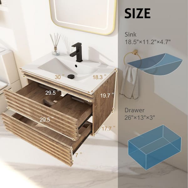 30 in. W x 18.3 in. D x 19.7 in. H Floating 1-Sink Bath Vanity in Oak with White Ceramic Top and Drain Faucet Set