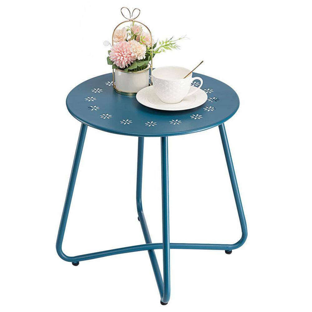 Navy Blue Round Weather Resistant Steel Patio Side Table with Flower Cut Ou