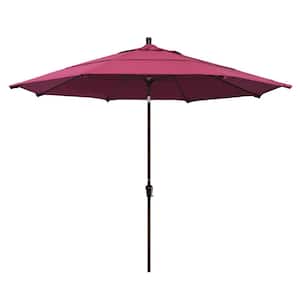 11 ft. Bronze Aluminum Market Patio Umbrella with Auto-Tilt Crank Lift in Hot Pink Sunbrella
