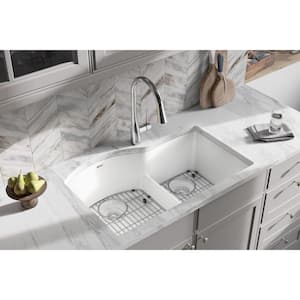 Quartz Classic  33in. Undermount 2 Bowl  White Granite/Quartz Composite Sink w/ Accessories