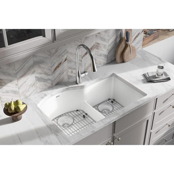 Quartz Classic 33 in. Undermount Offset 60/40 Double Bowl White Granite/Quartz Composite Kitchen Sink Kit w/ Accessories