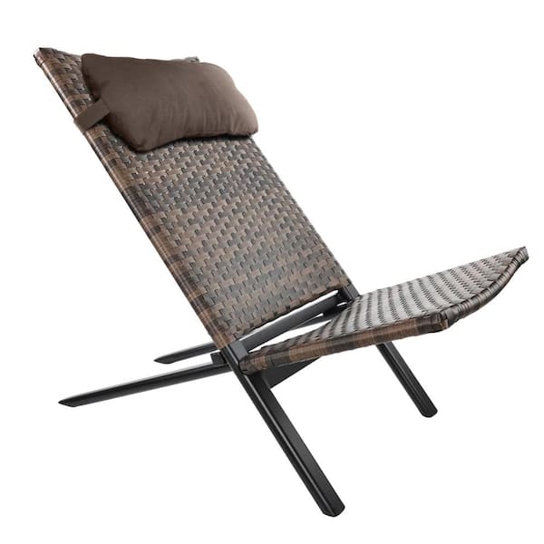 TWT Brown Metal Folding Portable Plug Beach Chair with Headrest