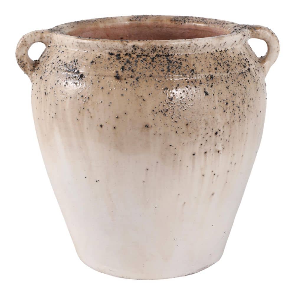 Liv & Skye 9.5 in. Ivory/Brown Ceramic Urn Textured 2-Handle Decorative ...