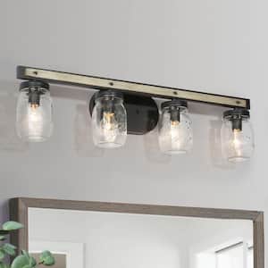26.5 in. 4-Light Dark Grey Vanity Light with Farmhouse Clear Mason Jar Glass Shades and Faux Wood Accent