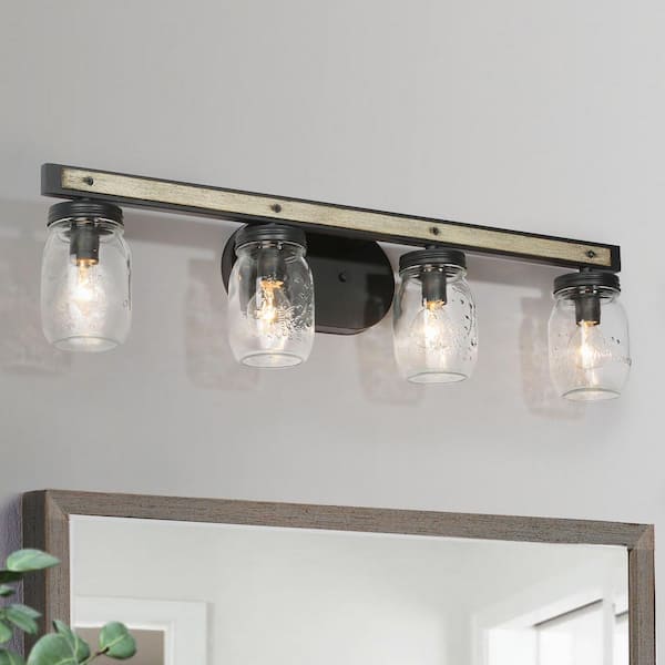 LNC 26.5 in. 4-Light Dark Grey Vanity Light with Farmhouse Clear Mason Jar Glass Shades and Faux Wood Accent