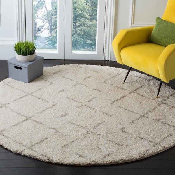 Arizona Shag Ivory/Beige 10 ft. x 10 ft. Diamond Geometric Round Area Rug