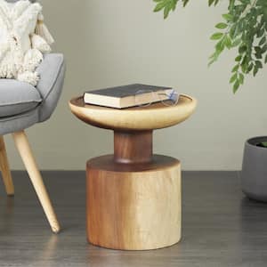 16 in. Brown Handmade Round Wood End Table with Cylinder Block Base