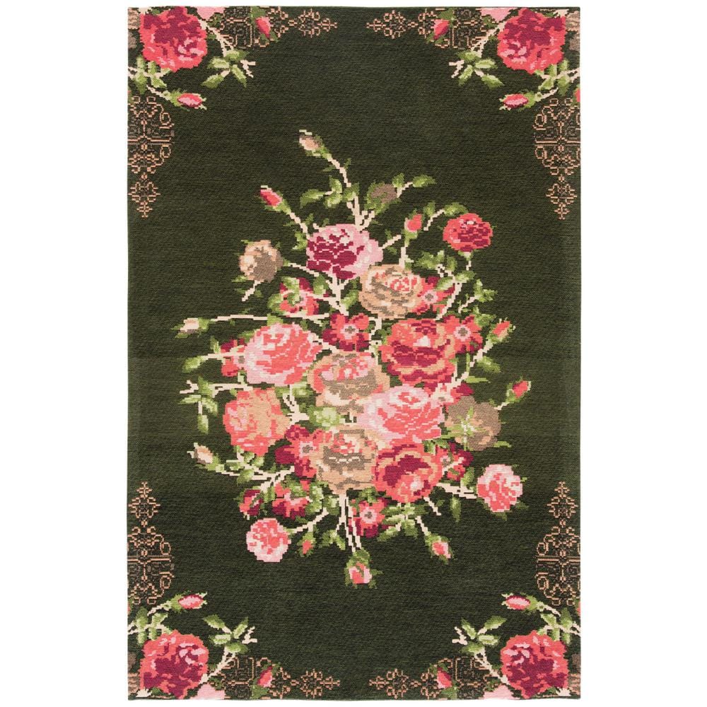 Classic Vintage Black and Red Floral Cotton Area Rug 4' x 6'